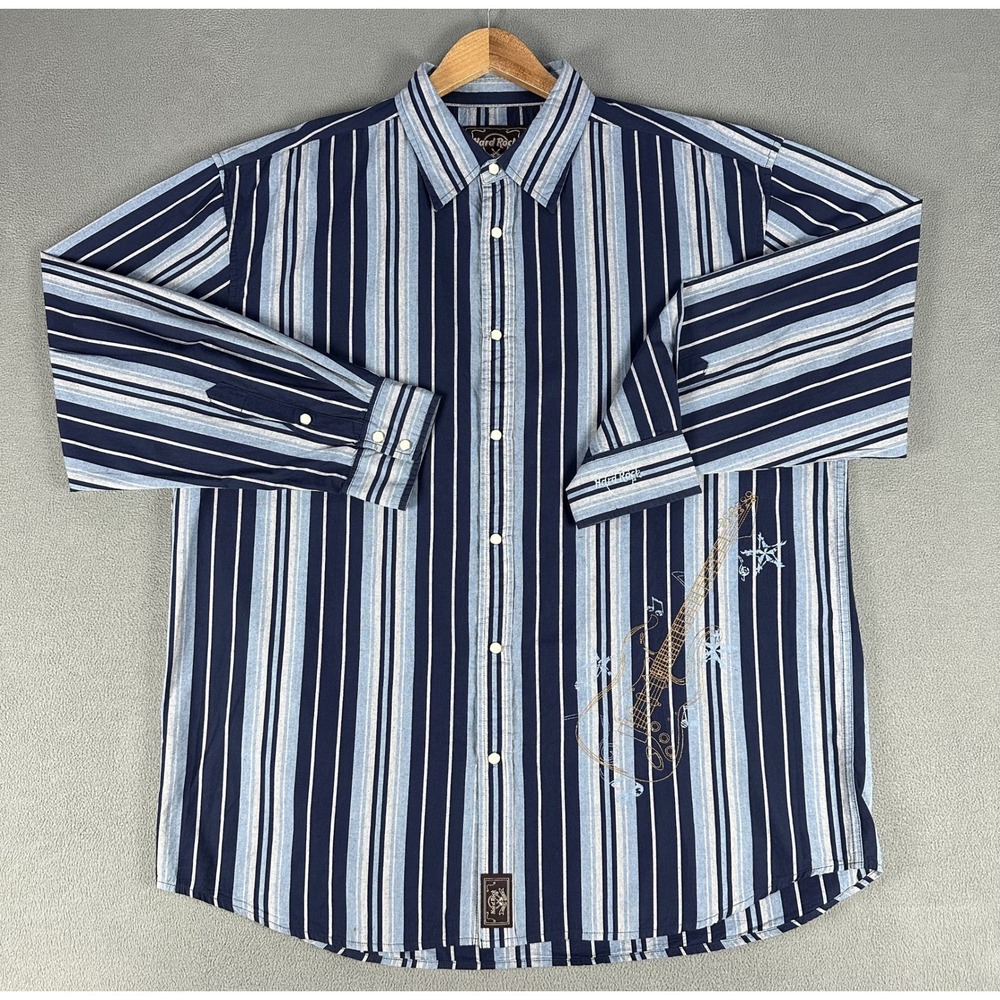 Hard Rock Pearl Snap Shirt Mens 2XL Blue Striped Guitar Embroidered Rock Grunge